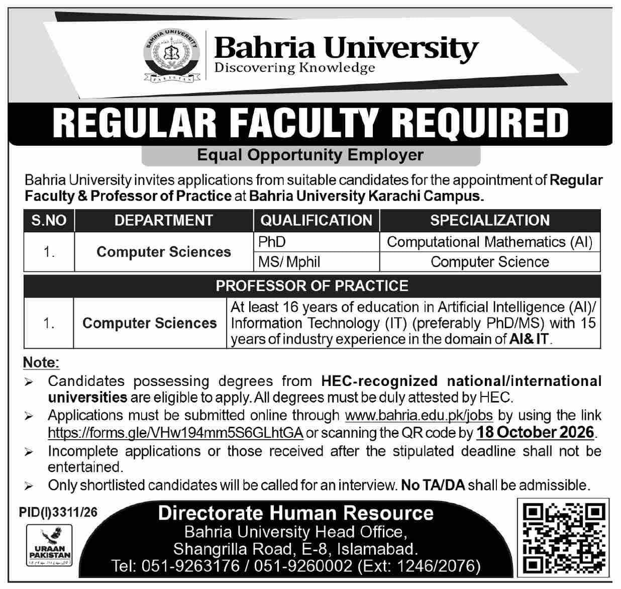 Bahria University Islamabad Jobs 2026 Jobs 2026 — original newspaper advertisement