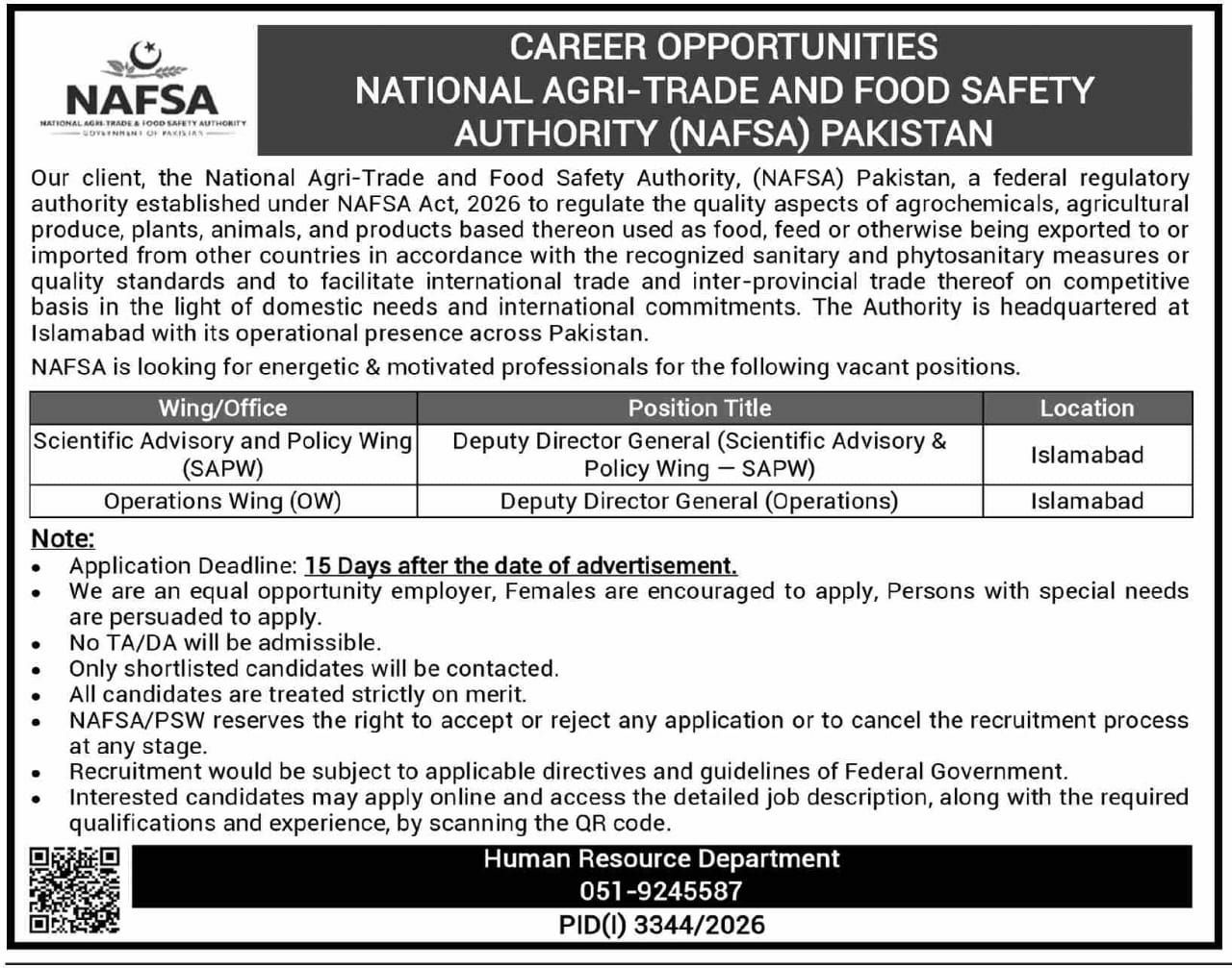 National Agri-Trade and Food Safety Authority (NAFSA) Pakistan Jobs 2026 Jobs 2026 — original newspaper advertisement