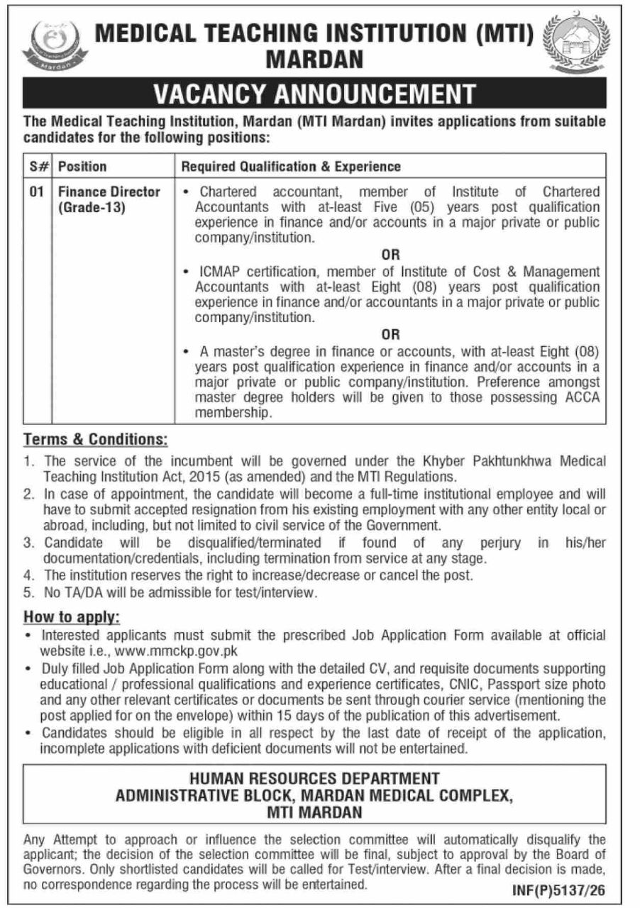 Medical Teaching Institution (MTI) Mardan Jobs 2026 Jobs 2026 — original newspaper advertisement