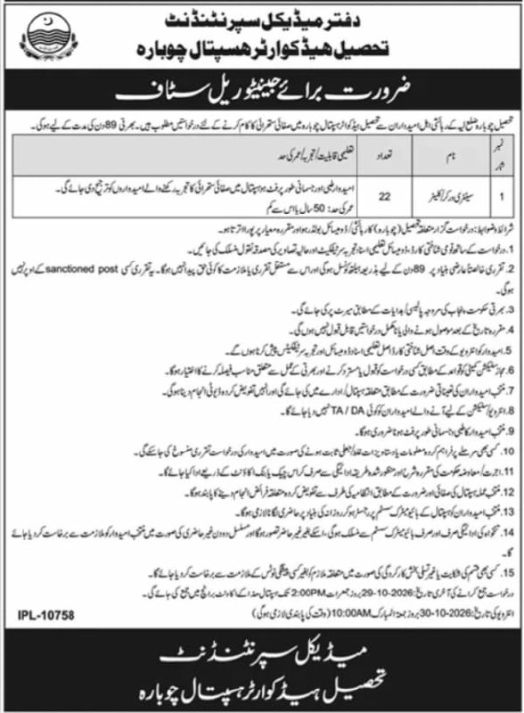 Office of Medical Superintendent, Tehsil Headquarter Hospital Chaubara Jobs 2026 Jobs 2026 — original newspaper advertisement