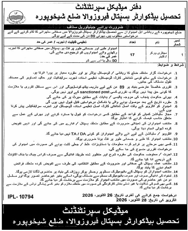 Office of Medical Superintendent, Tehsil Headquarters Hospital Ferozwala, District Sheikhupura Jobs Jobs 2026 — original newspaper advertisement