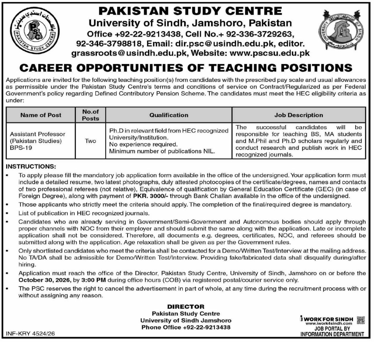 Pakistan Study Centre, University of Sindh, Jamshoro Jobs Jobs 2026 — original newspaper advertisement