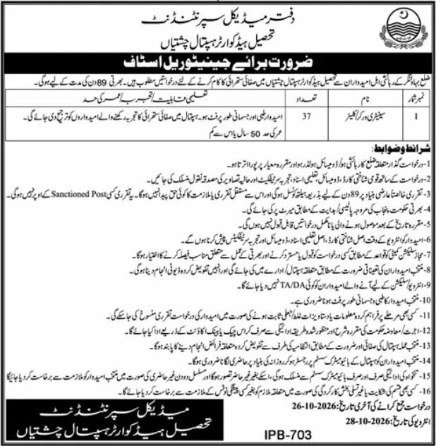 Office of Medical Superintendent, Tehsil Headquarters Hospital Chishtian Jobs Jobs 2026 — original newspaper advertisement