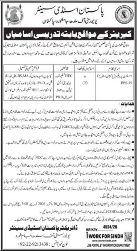 Pakistan Study Centre, University of Sindh, Jamshoro Jobs 2026 – Pakistan Study Centre, University of Sindh, Jamshoro, Pakistan Jobs 2026 — original newspaper advertisement
