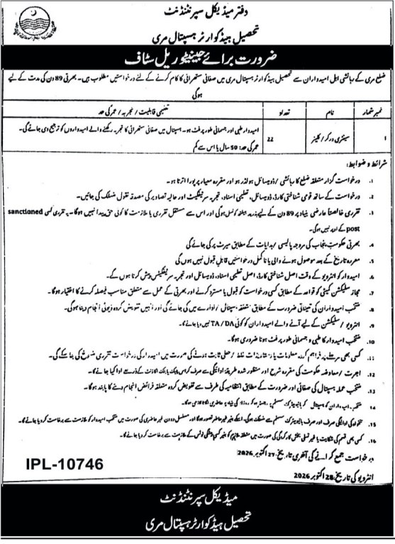 Office of Medical Superintendent, Tehsil Headquarter Hospital Murree Jobs 2026 Jobs 2026 — original newspaper advertisement