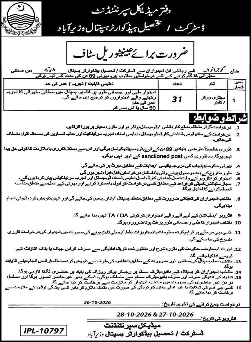 Office of the Medical Superintendent, District / Tehsil Headquarter Hospital, Wazirabad Jobs 2026 Jobs 2026 — original newspaper advertisement