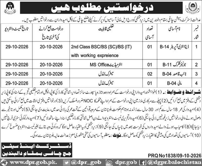 District & Session Judge Chaghi Dalbandin Jobs 2026 – District and Sessions Court, Dalbandin Jobs 2026 — original newspaper advertisement