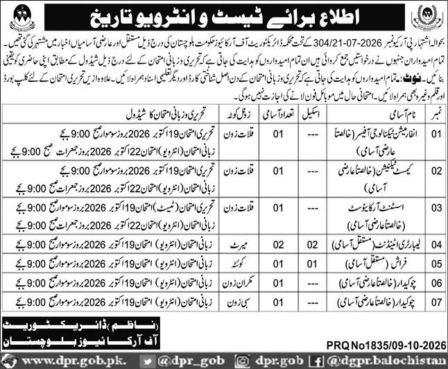 Notice for Test and Interview Date Record Office of Archives, Government of Balochistan (Directorate of Archives) Jobs 2026 — original newspaper advertisement