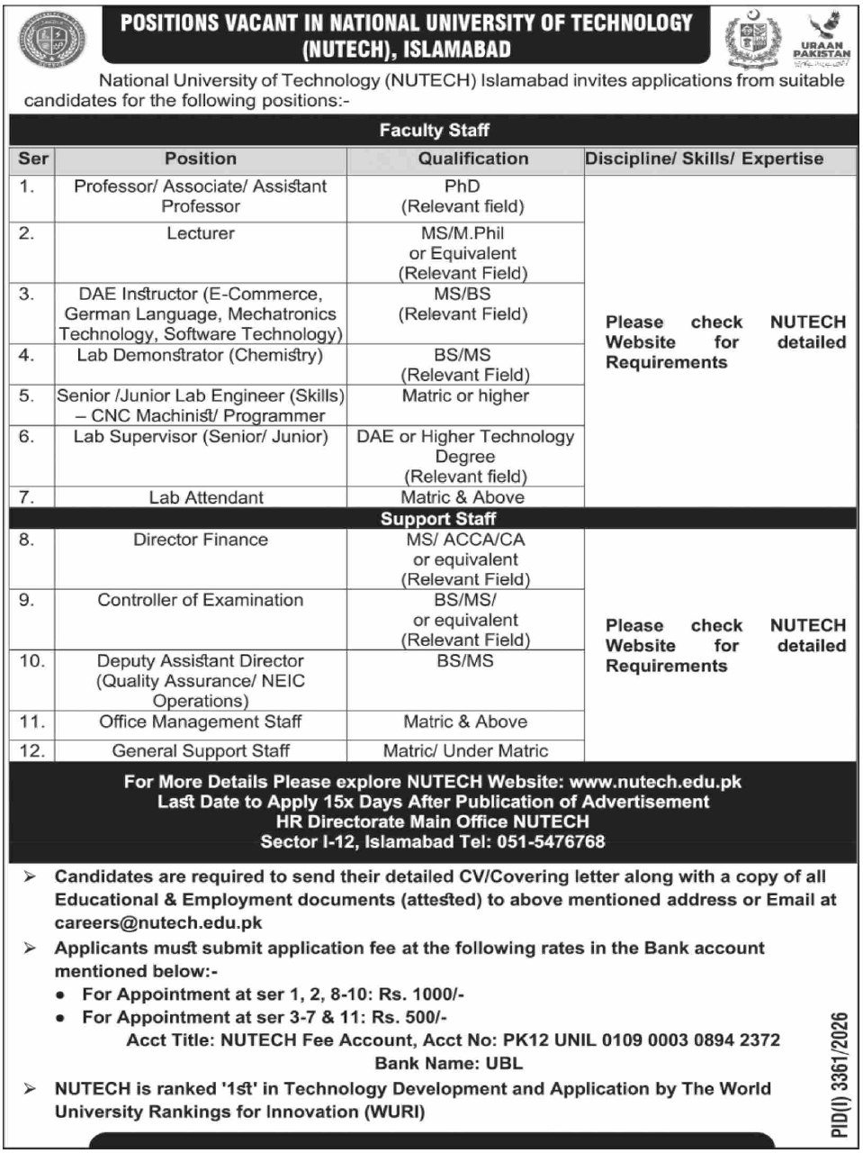 National University of Technology (NUTECH) Jobs 2026 Jobs 2026 — original newspaper advertisement