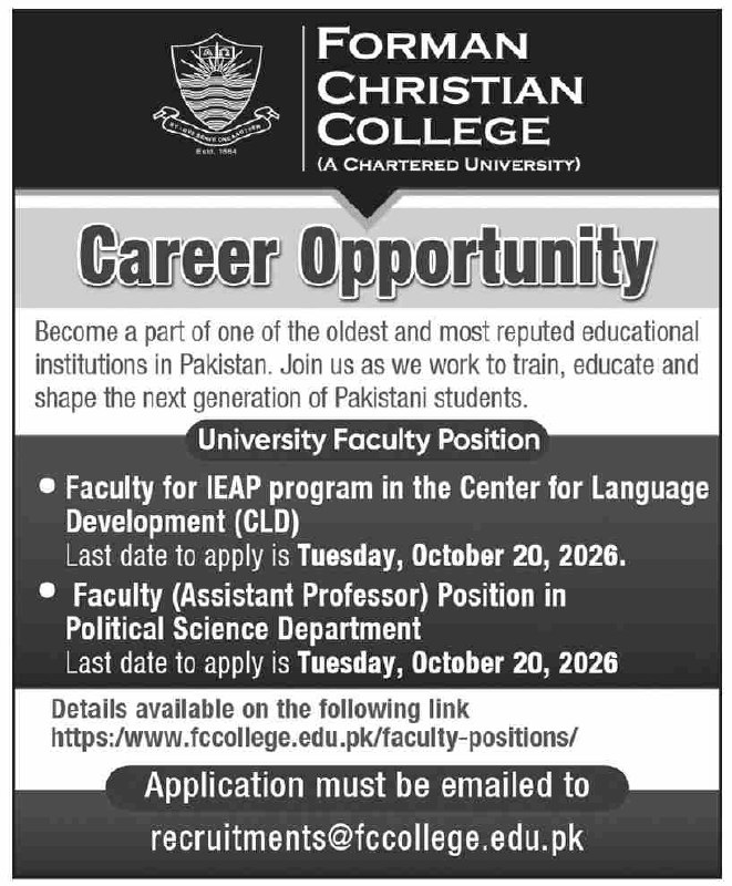 Forman Christian College (A Chartered University) Jobs 2026 Jobs 2026 — original newspaper advertisement