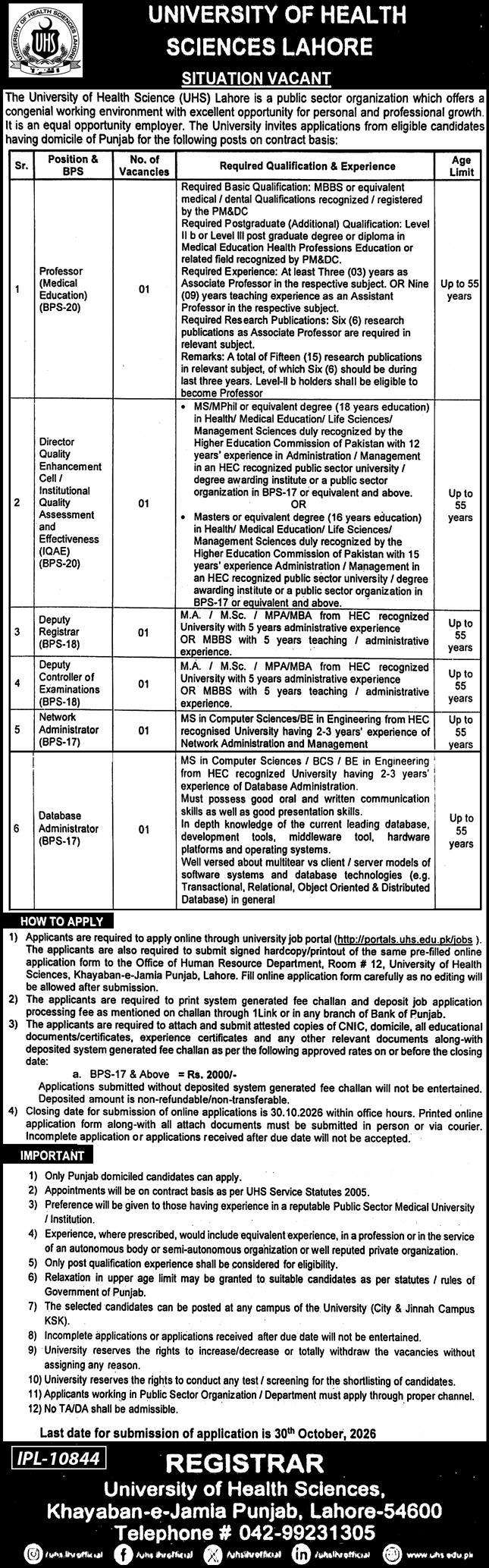 University of Health Sciences Lahore Jobs 2026 Jobs 2026 — original newspaper advertisement