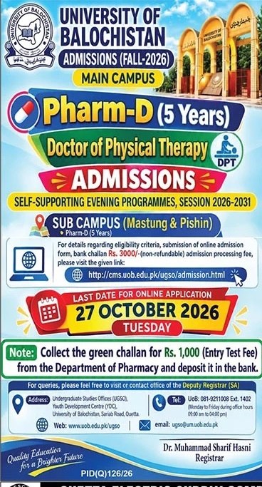 Admissions Fall-2026 - Main Campus & Sub Campus – University of Balochistan Admissions 2026 — original newspaper advertisement