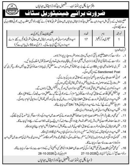Office of Medical Superintendent, Tehsil Headquarter Hospital Jhawian Jobs Jobs 2026 — original newspaper advertisement