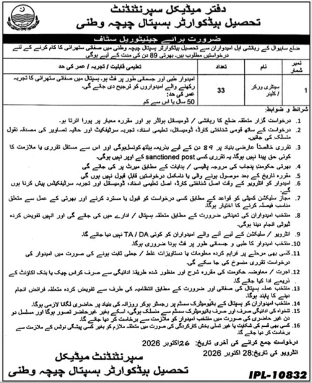 Office of Medical Superintendent, Tehsil Headquarter Hospital Chicha Watni Jobs Jobs 2026 — original newspaper advertisement