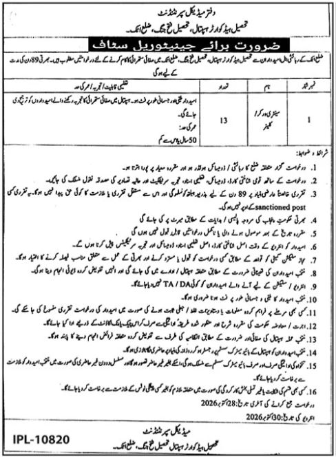 Office of Medical Superintendent, Tehsil Headquarters Hospital, Tehsil Chung, District Lahore Jobs Jobs 2026 — original newspaper advertisement