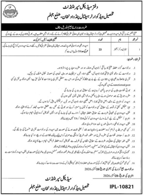 Office of Medical Superintendent, Tehsil Headquarter Hospital Pind Dadan Khan, District Jhelum Jobs Jobs 2026 — original newspaper advertisement