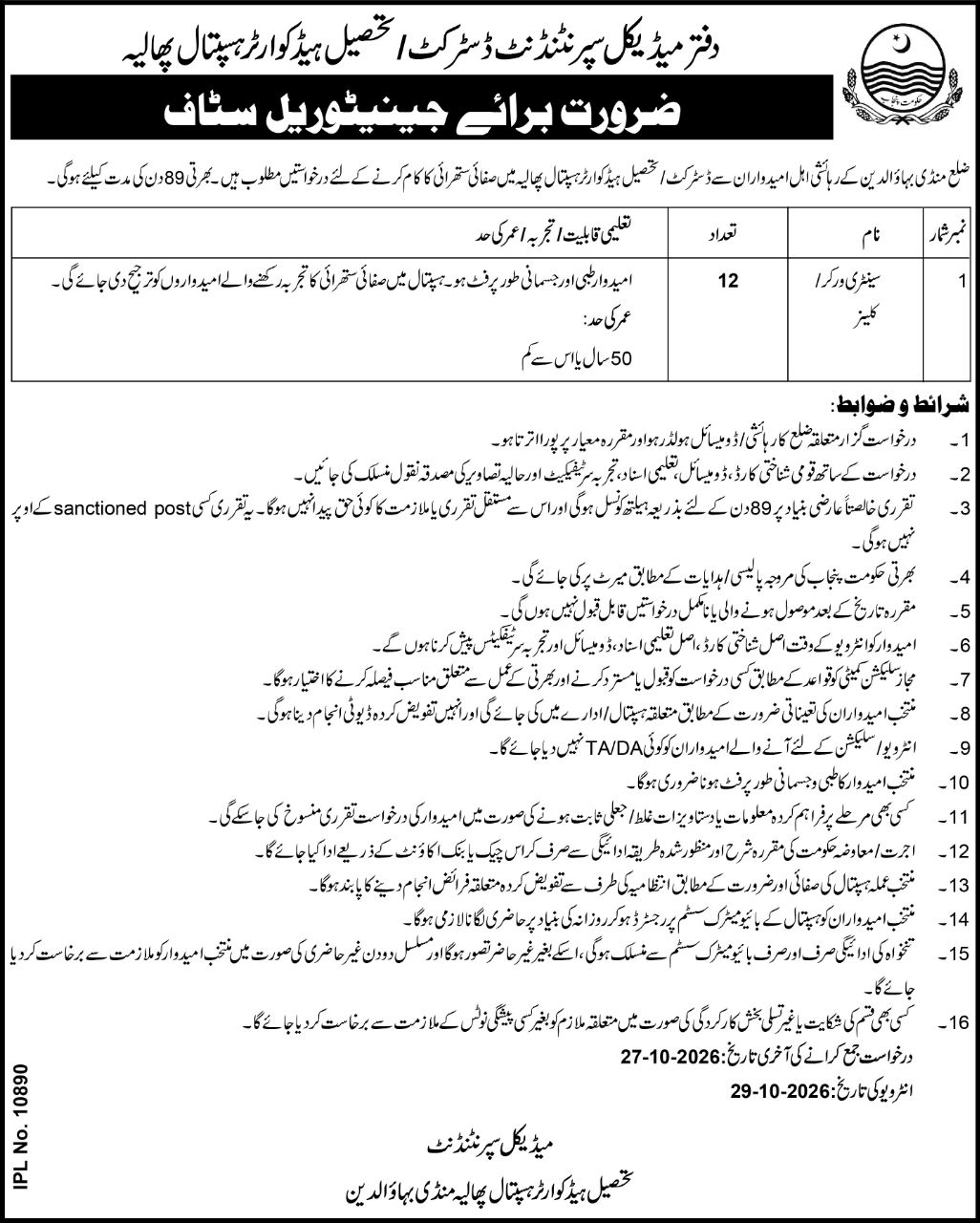 Office of Medical Superintendent, District / Tehsil Headquarter Hospital Phalia Jobs Jobs 2026 — original newspaper advertisement