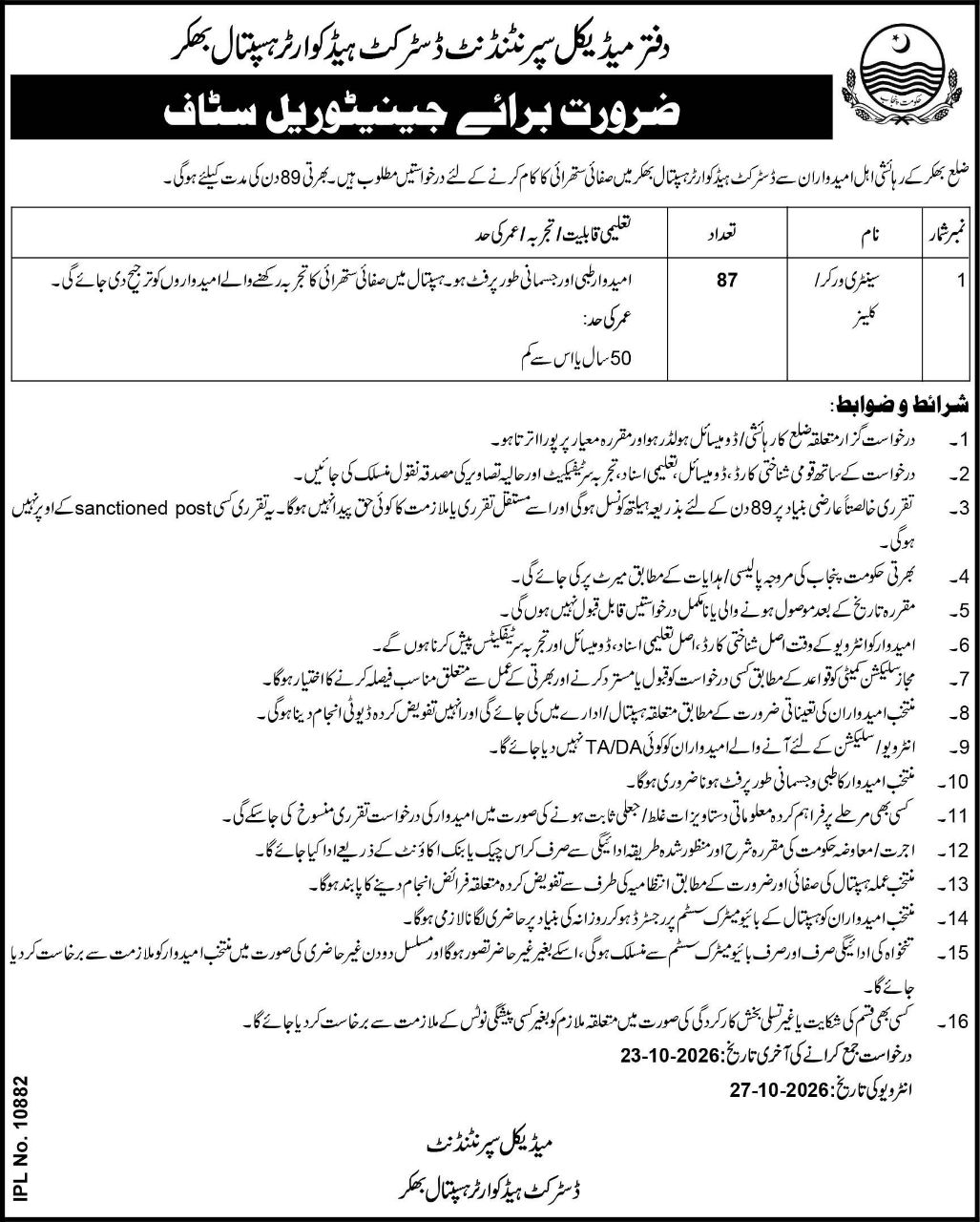 Office of the Medical Superintendent, District Headquarter Hospital, Bhakkar Jobs 2026 Jobs 2026 — original newspaper advertisement