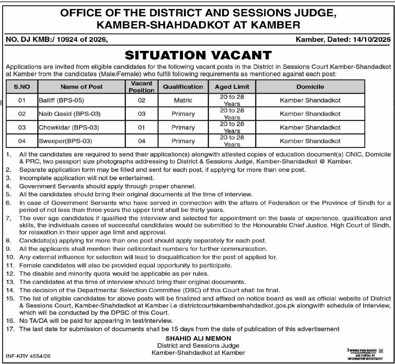 Office of the District and Sessions Judge, Kamber-Shahdadkot at Kamber Jobs Jobs 2026 — original newspaper advertisement