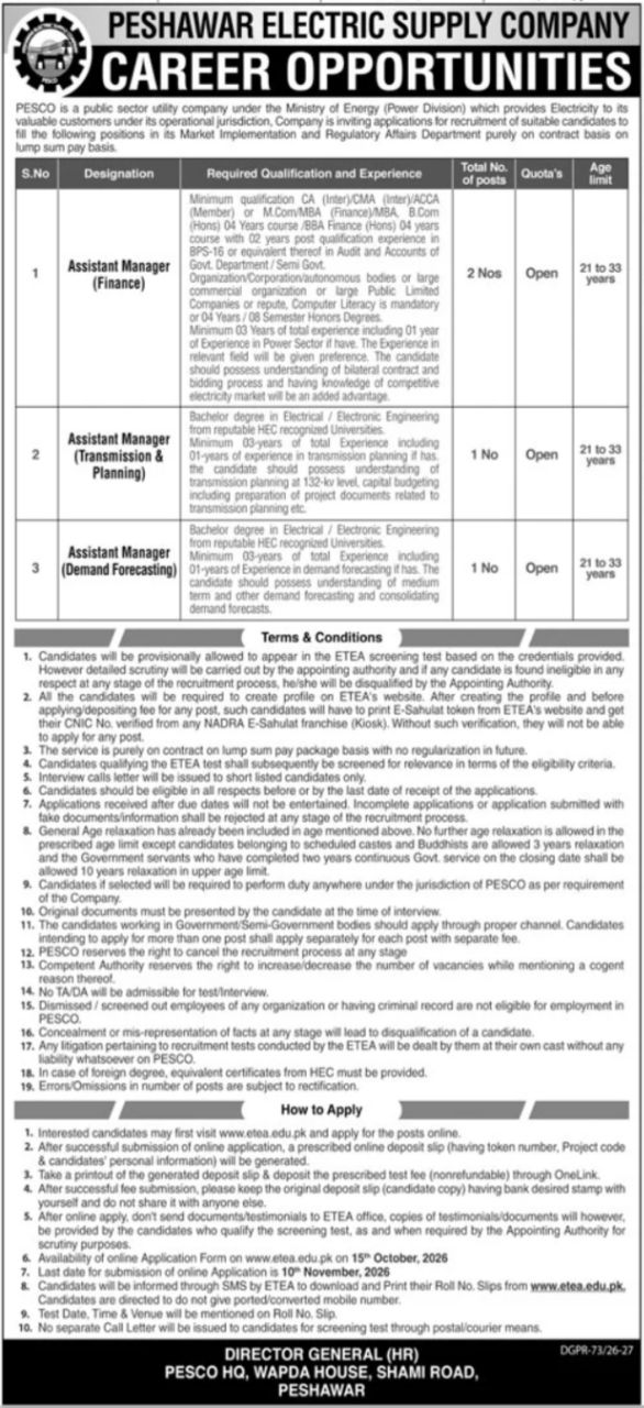 Peshawar Electric Supply Company (PESCO) Jobs Jobs 2026 — original newspaper advertisement