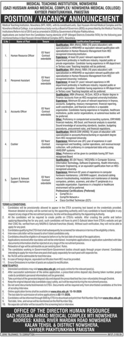 Medical Teaching Institution, Nowshera (Qazi Hussain Ahmad Medical Complex / Nowshera Medical College), Khyber Pakhtunkhwa Jobs – Medical Teaching Institution, Nowshera (Qazi Hussain Ahmad Medical Complex / Nowshera Medical College), Khyber Pakhtunkhwa, Pakistan Jobs 2026 — original newspaper advertisement