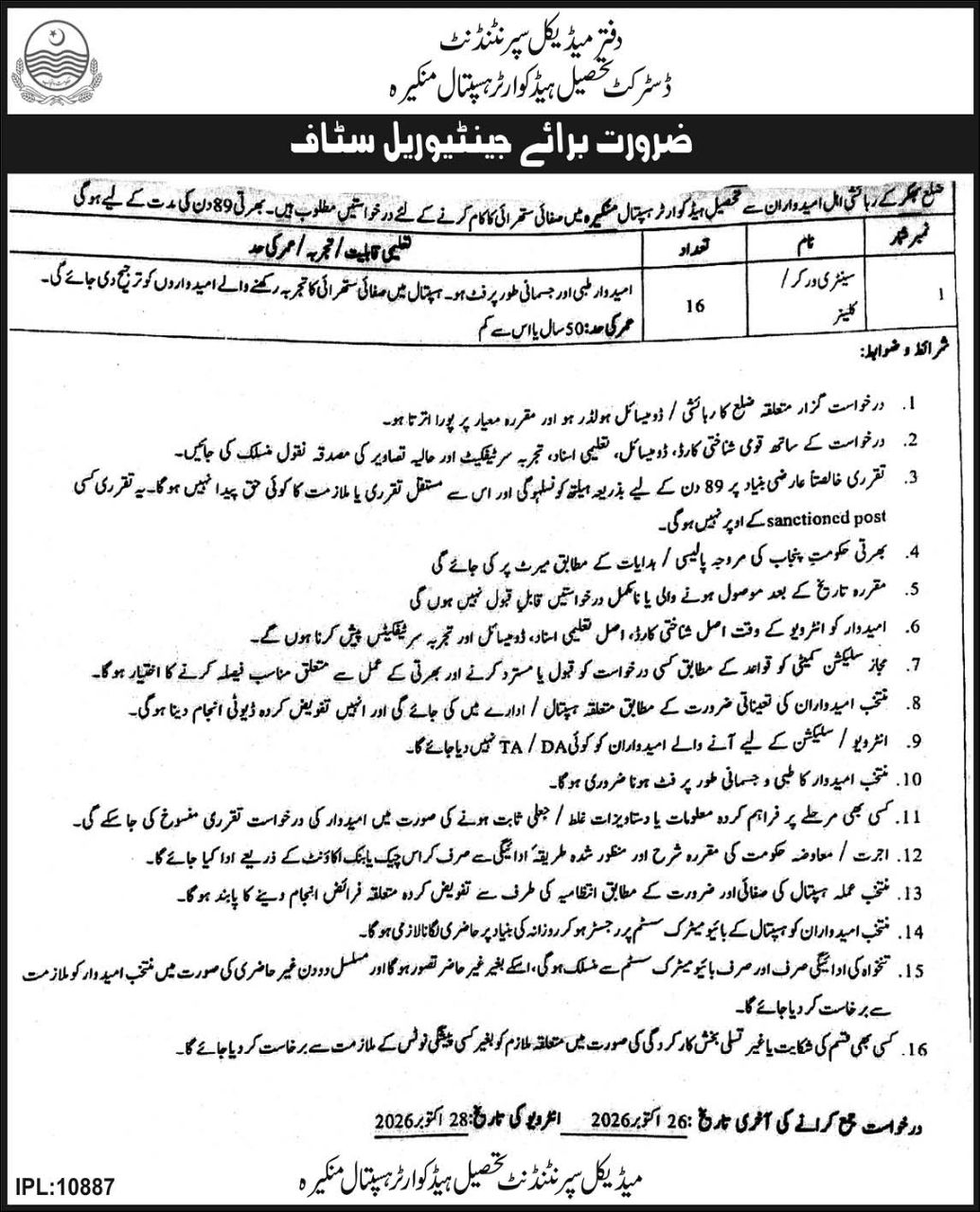Office of Medical Superintendent, District Tehsil Headquarters Hospital, Mankera Jobs Jobs 2026 — original newspaper advertisement
