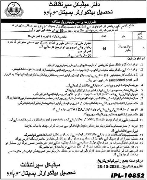 Office of Medical Superintendent, Tehsil Headquarter Hospital Sawal Jobs Jobs 2026 — original newspaper advertisement