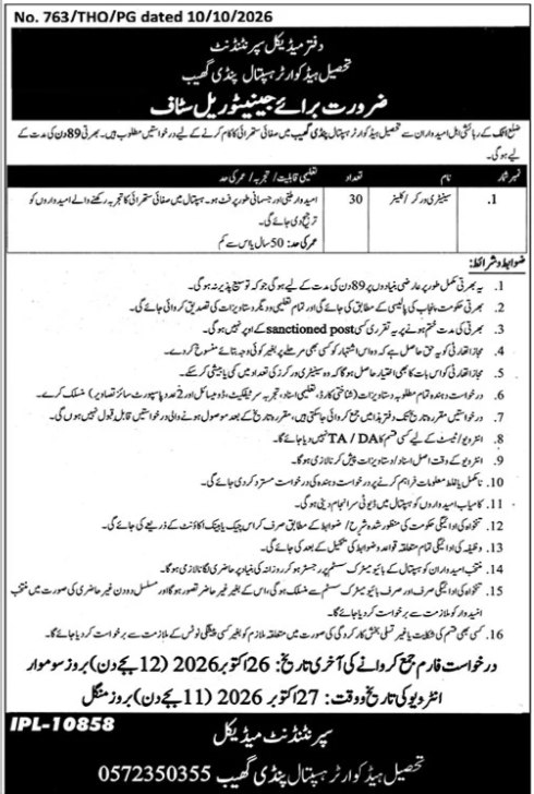 Office of Medical Superintendent, Tehsil Headquarters Hospital Pindi Gheb Jobs Jobs 2026 — original newspaper advertisement
