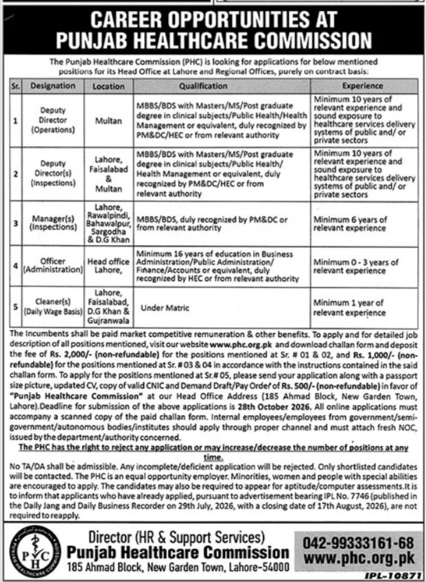 Career Opportunities at Punjab Healthcare Commission – Punjab Healthcare Commission (PHC) Jobs 2026 — original newspaper advertisement