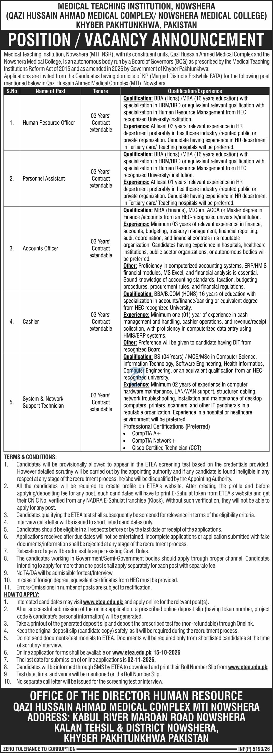 Medical Teaching Institution, Nowshera (Qazi Hussain Ahmad Medical Complex / Nowshera Medical College), Khyber Pakhtunkhwa Jobs – Medical Teaching Institution, Nowshera (Qazi Hussain Ahmad Medical Complex / Nowshera Medical College), Khyber Pakhtunkhwa, Pakistan Jobs 2026 — original newspaper advertisement
