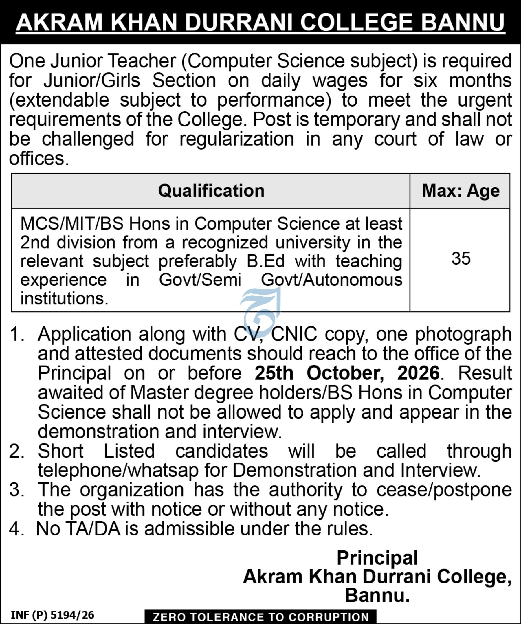 Akram Khan Durrani College, Bannu Khyber Pakhtunkhwa Jobs Jobs 2026 — original newspaper advertisement