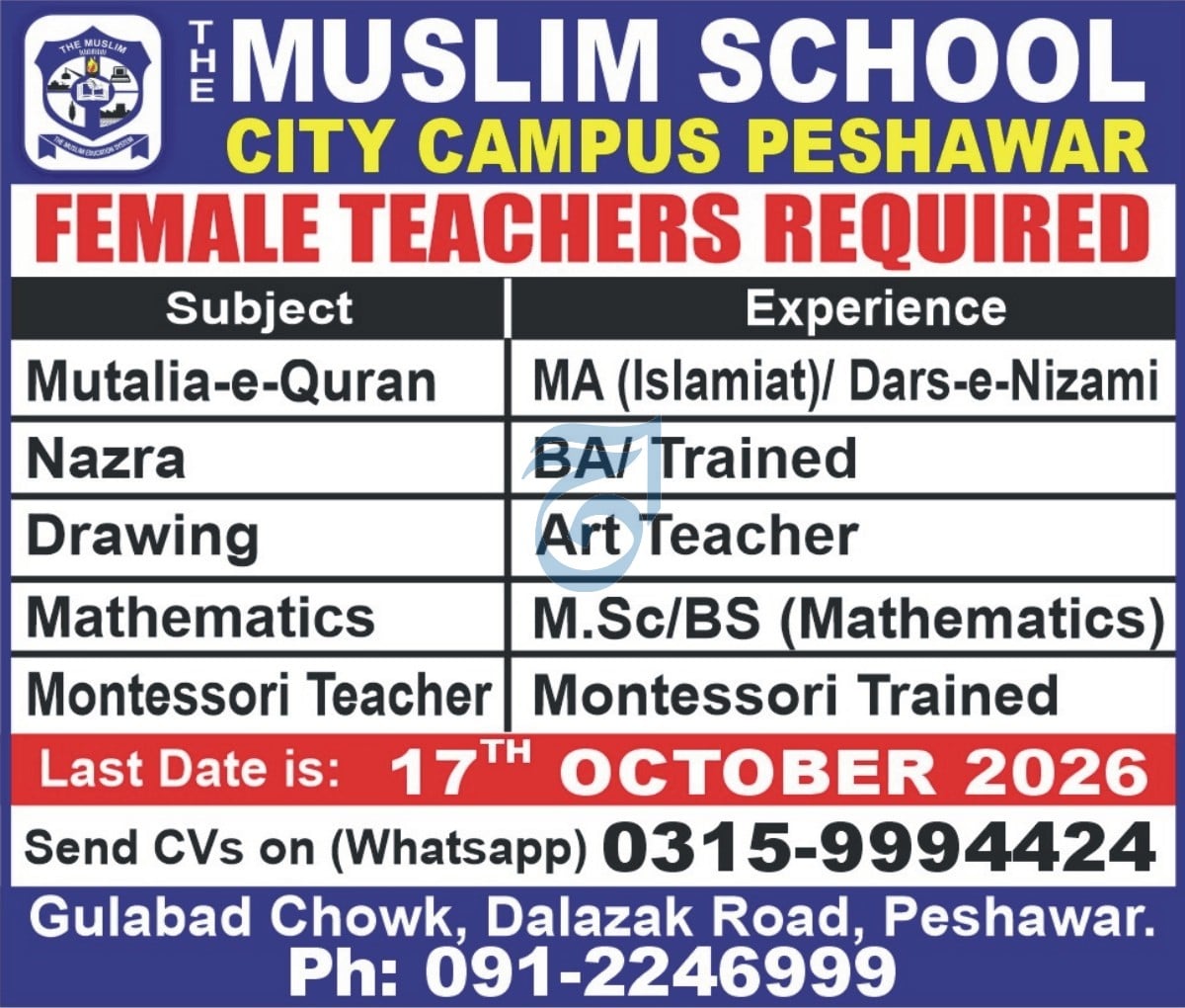 The Muslim School, City Campus Peshawar Jobs 2026 Jobs 2026 — original newspaper advertisement