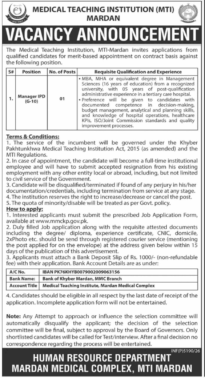 Medical Teaching Institution (MTI) Mardan / Mardan Medical Complex Jobs 2026 Jobs 2026 — original newspaper advertisement