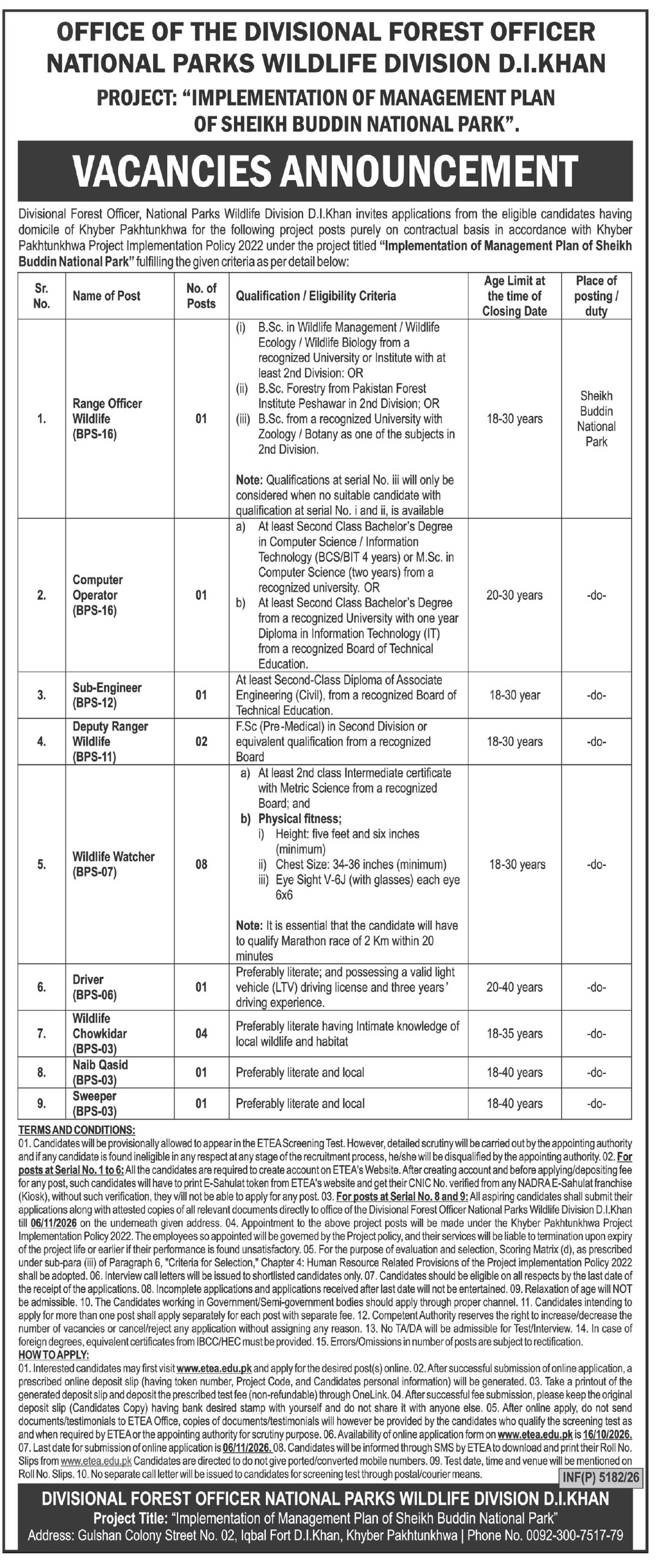 Office of the Divisional Forest Officer, National Parks Wildlife Division D.I.Khan Jobs Jobs 2026 — original newspaper advertisement