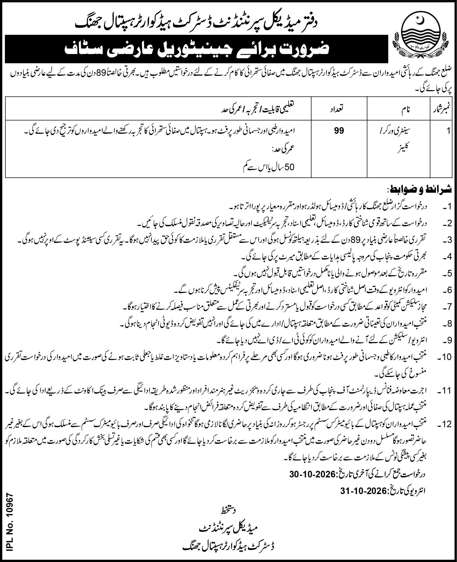 Office of Medical Superintendent, District Headquarter Hospital Jhang Jobs Jobs 2026 — original newspaper advertisement