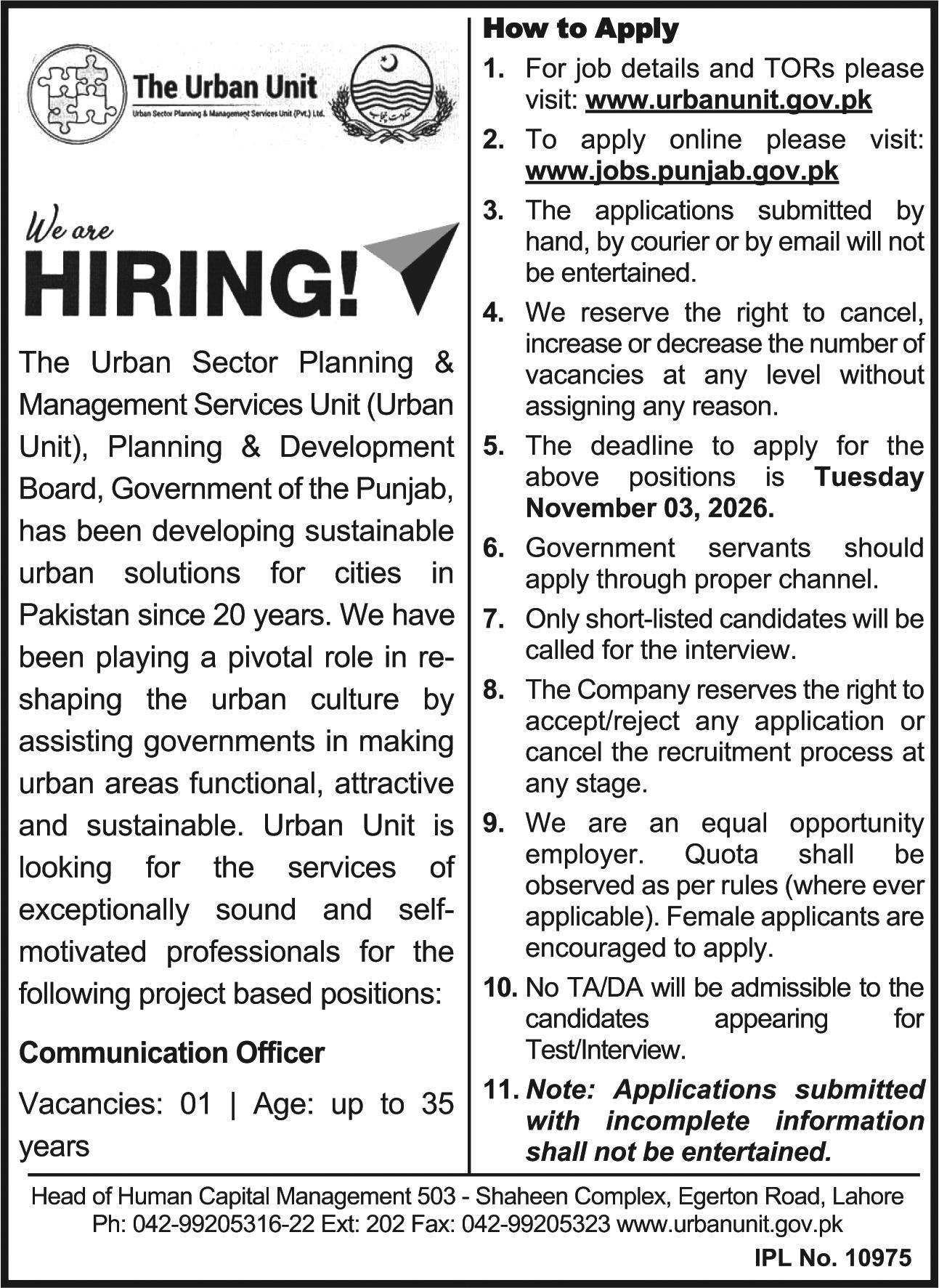 The Urban Sector Planning & Management Services Unit (Urban Unit), Planning & Development Board Jobs – The Urban Sector Planning & Management Services Unit (Urban Unit), Planning & Development Board, Government of the Punjab Jobs 2026 — original newspaper advertisement