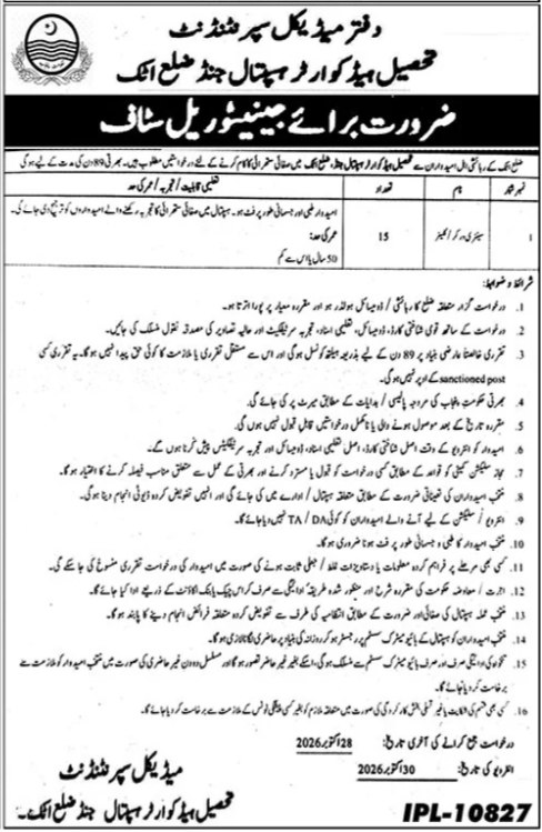 Office of Medical Superintendent, Tehsil Headquarter and Rural Hospital, Attock District Jobs Jobs 2026 — original newspaper advertisement