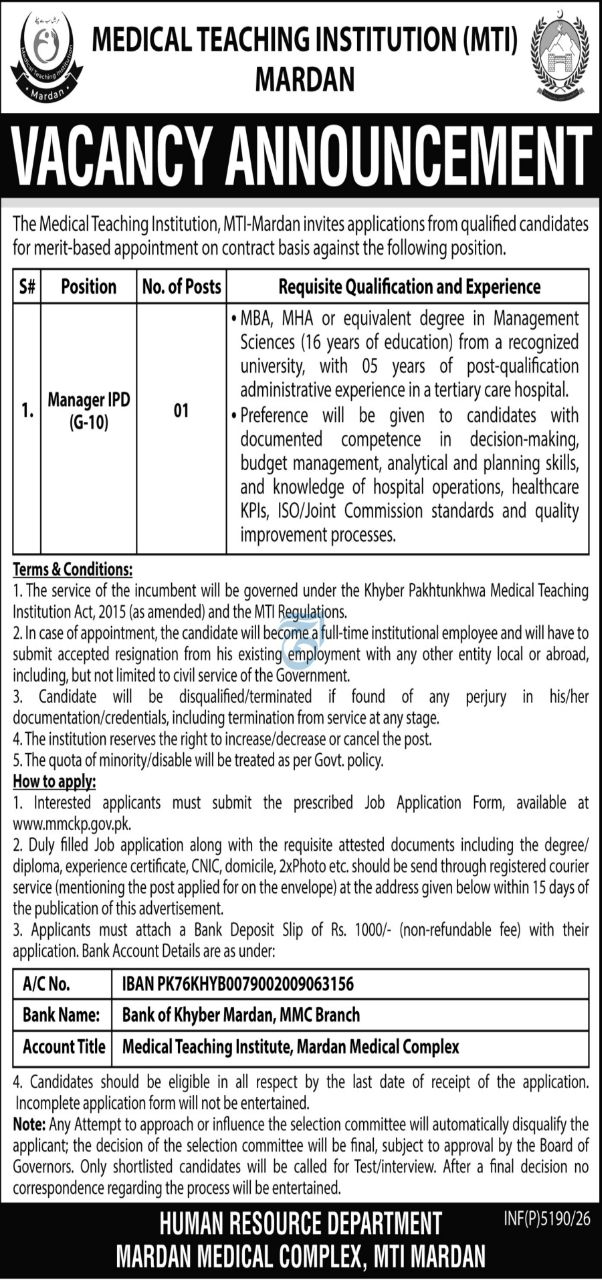 Medical Teaching Institution (MTI) Mardan / Mardan Medical Complex Jobs Jobs 2026 — original newspaper advertisement