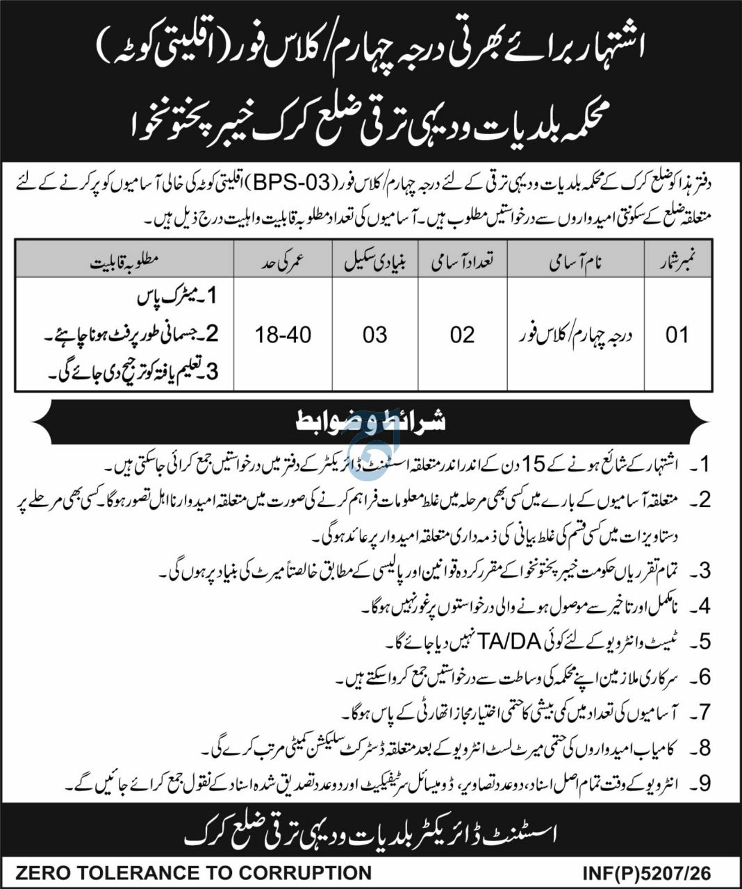 Local Government and Rural Development Department, District Karak, Khyber Pakhtunkhwa Jobs 2026 Jobs 2026 — original newspaper advertisement