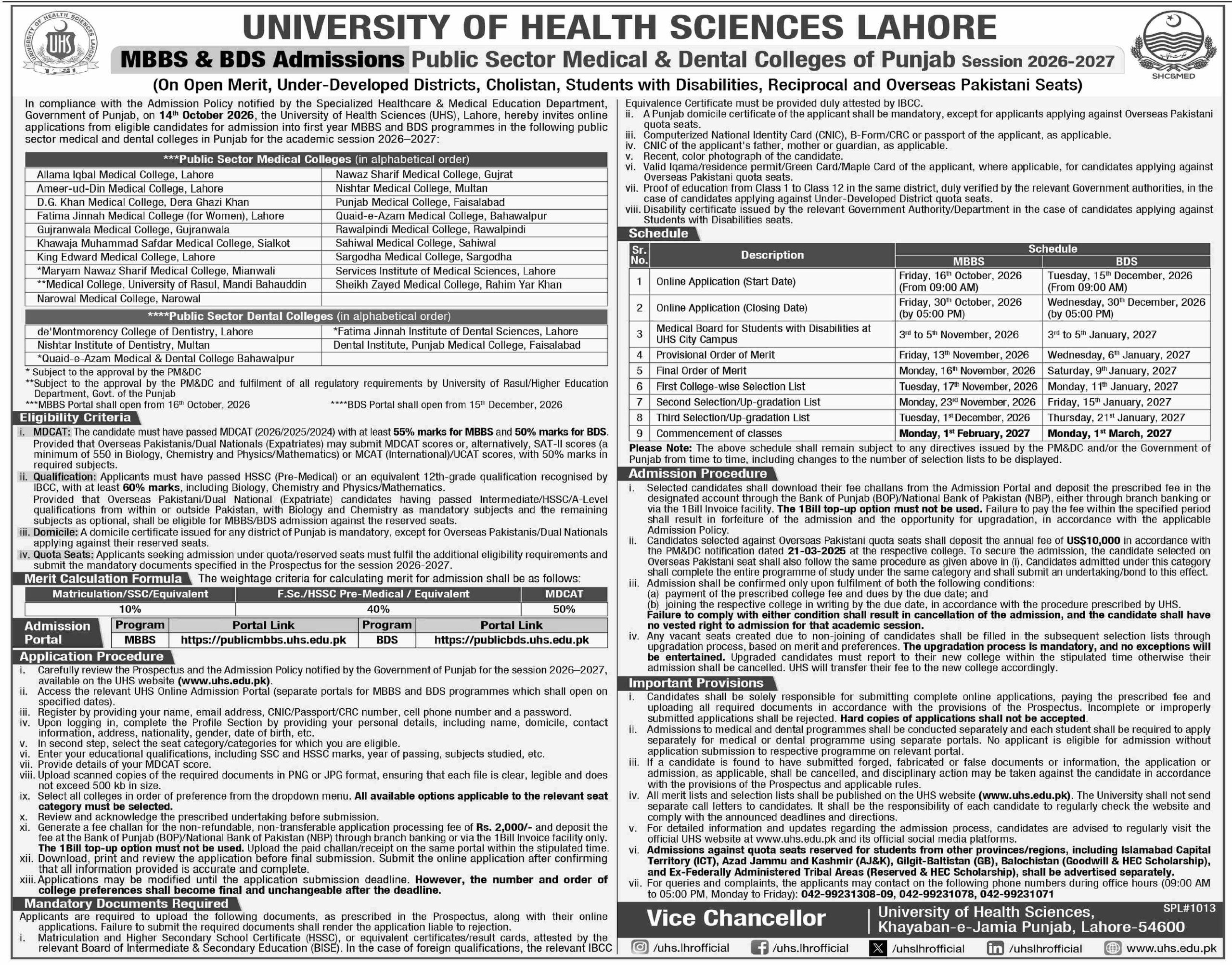 MBBS & BDS Admissions – Public Sector Medical & Dental Colleges of Punjab, Session 2026-2027 – University of Health Sciences (UHS) Lahore Admissions 2026 — original newspaper advertisement