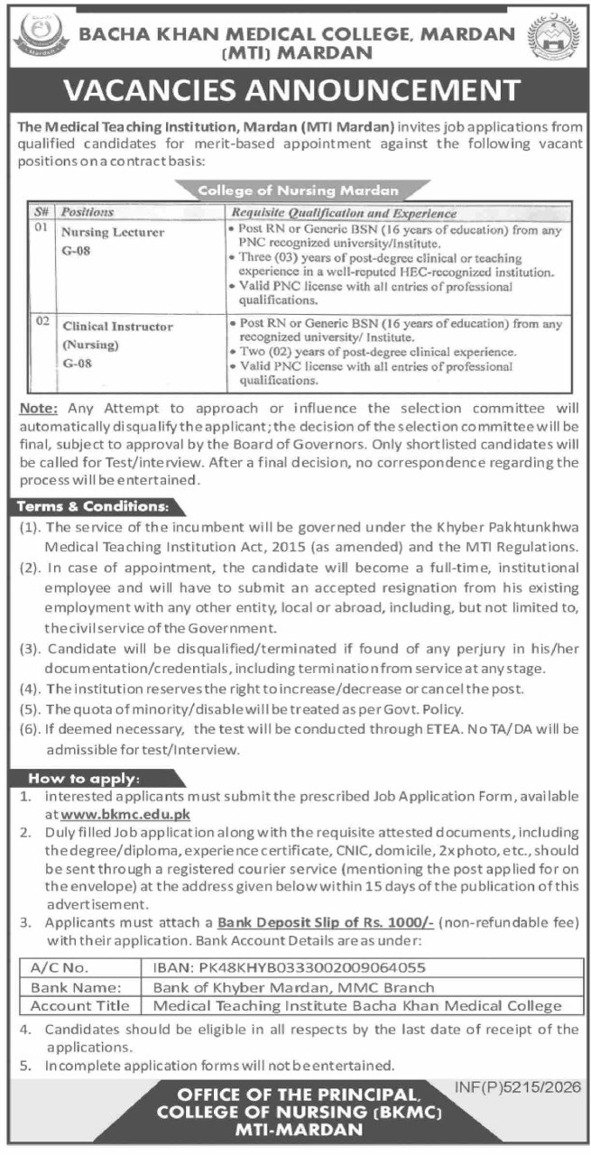 Bacha Khan Medical College, Mardan (MTI Mardan) - Medical Teaching Institution, Mardan Jobs Jobs 2026 — original newspaper advertisement