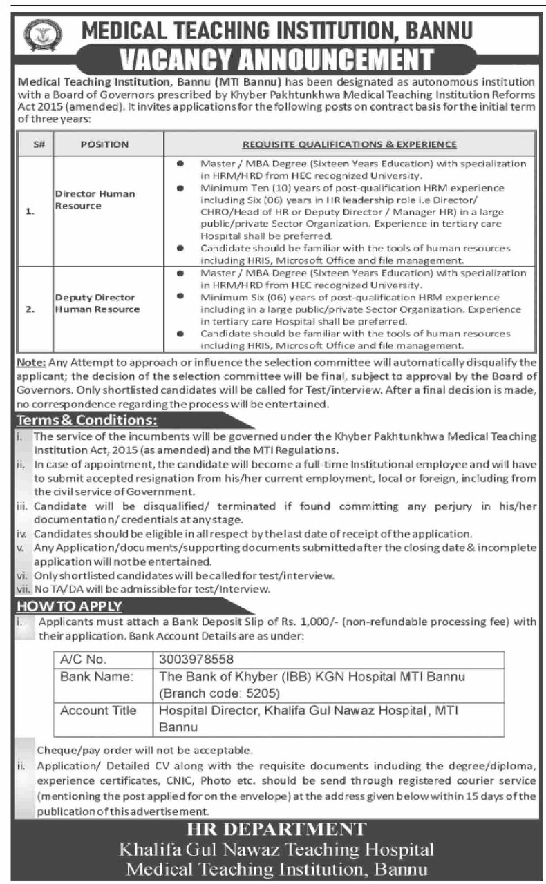 Medical Teaching Institution, Bannu (MTI Bannu) / Khalifa Gul Nawaz Teaching Hospital Jobs Jobs 2026 — original newspaper advertisement