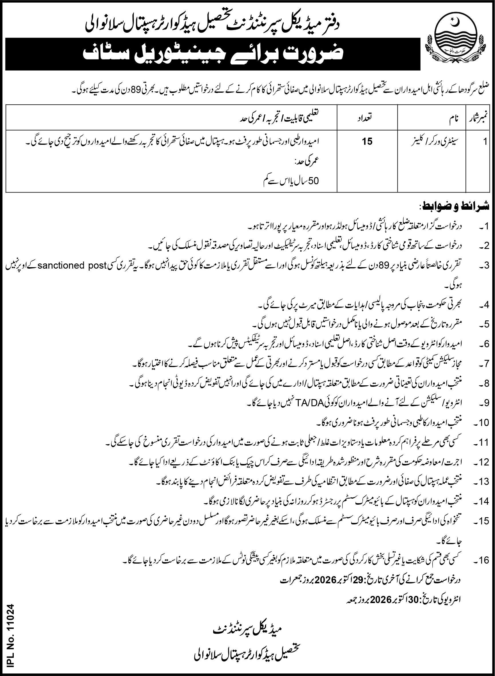 Office of Medical Superintendent, Tehsil Headquarters Hospital Silanwali Jobs 2026 Jobs 2026 — original newspaper advertisement