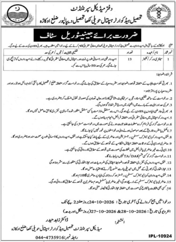 Office of the Medical Superintendent, Tehsil Headquarter Hospital Haveli Lakha, Tehsil Depalpur, District Okara Jobs Jobs 2026 — original newspaper advertisement
