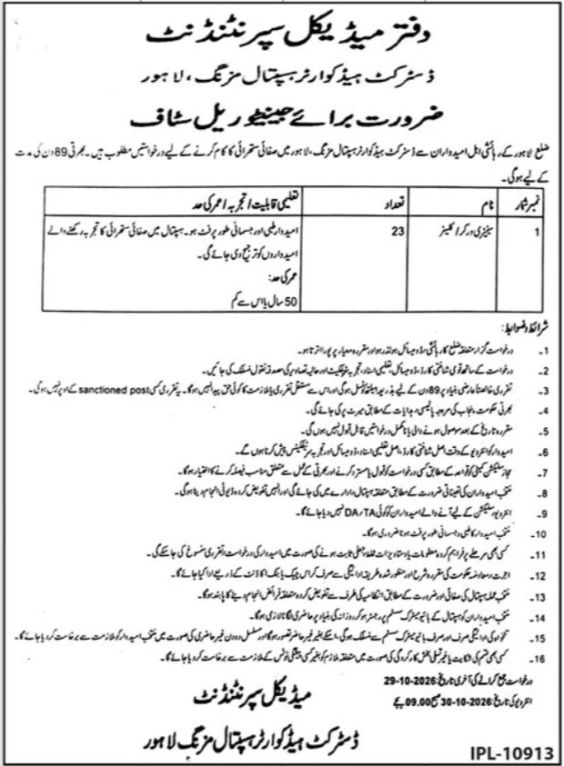Office of Medical Superintendent, District Headquarters Hospital Murrng, Lahore Jobs 2026 Jobs 2026 — original newspaper advertisement