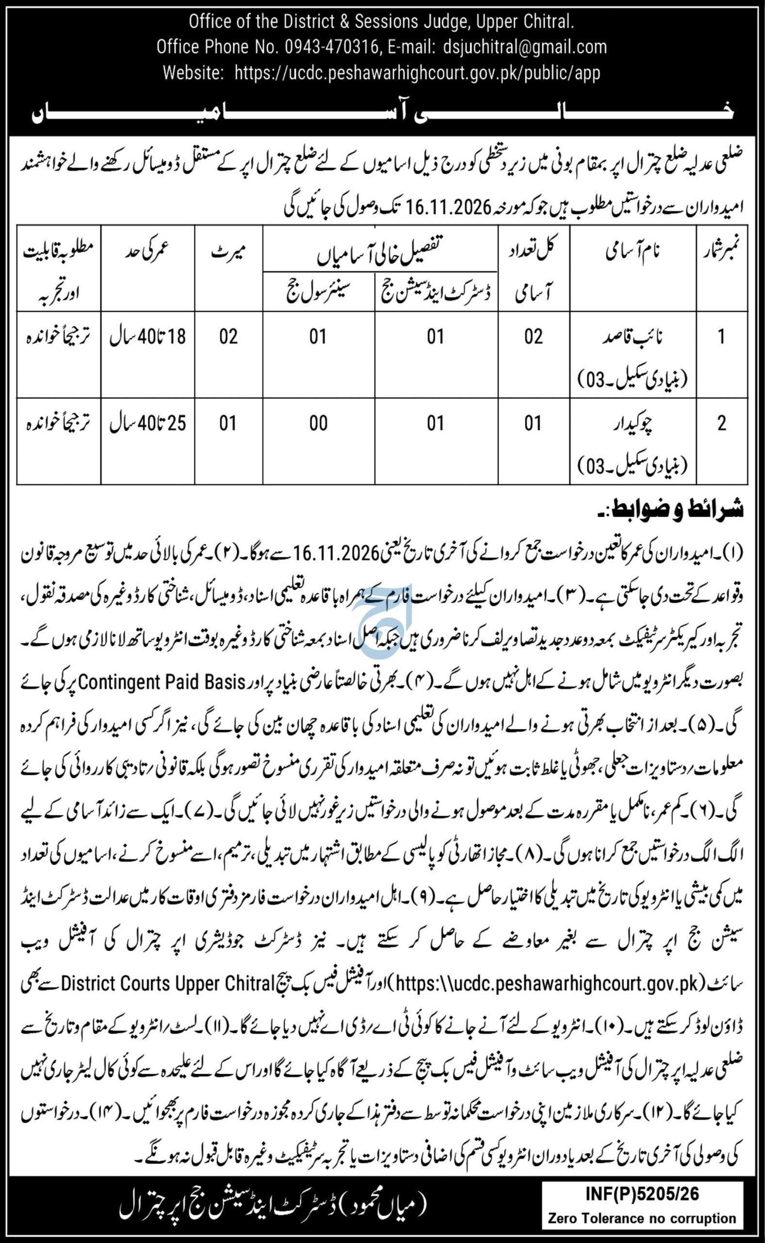 Office of the District & Sessions Judge, Upper Chitral Jobs Jobs 2026 — original newspaper advertisement