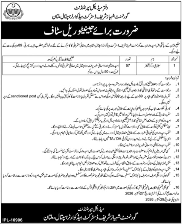 Office of Medical Superintendent, Government Shahbaz Sharif District Headquarters Hospital, Multan Jobs 2026 Jobs 2026 — original newspaper advertisement
