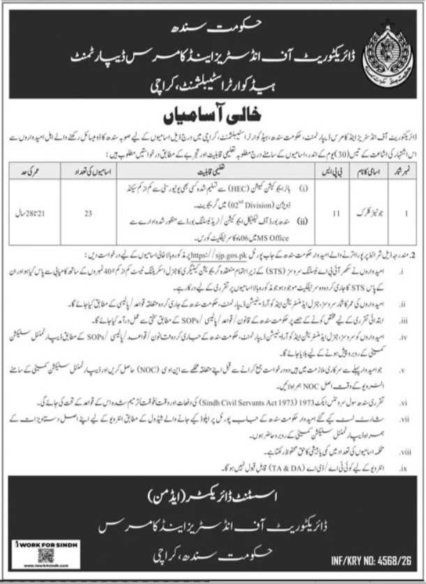 Directorate of Industries and Commerce Department, Government of Sindh, Head Quarter Establishment, Karachi Jobs Jobs 2026 — original newspaper advertisement