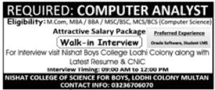 Required: Computer Analyst – Nishat College of Science for Boys, Lodhi Colony, Multan Jobs 2026 — original newspaper advertisement