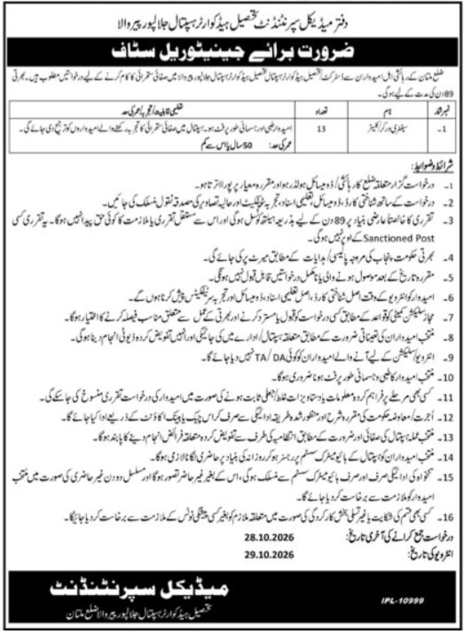 Office of Medical Superintendent, Tehsil Headquarter Hospital, Jalalpur Pirwala Jobs 2026 Admissions 2026 — original newspaper advertisement